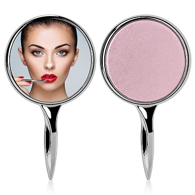 Handheld Compact Mirror with Handle for Girls and Women, Personal Round Vanity Makeup Mirrors, Portable Travel Cosmetic Mirror, Pink and Silver