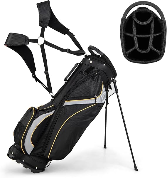 COSTWAY Golf Stand Bag, Lightweight Golf Club Bags with 8 Way Dividers, Rain Hood, Detachable Dual Strap & 7 Pockets