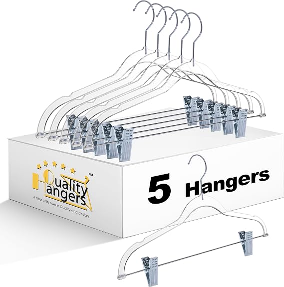 Clear Plastic Pants Hangers with Clips 5 Pack | Heavy Duty Skirt Hangers Swivel Hook and Notches | Space Saving Acrylic Clip Hangers for Pants | Suitable for All Clothing | 16.5 Inch (Clear, 5)