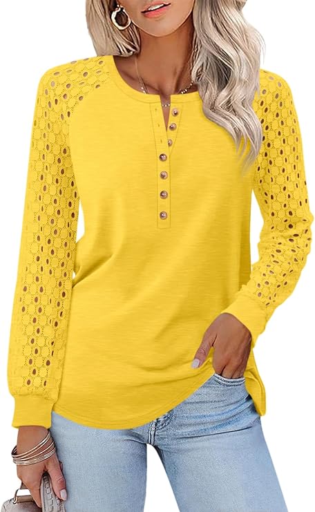 Minetom Women's Lace Long Sleeve Tops Henley Shirts Casual Blouses Tees