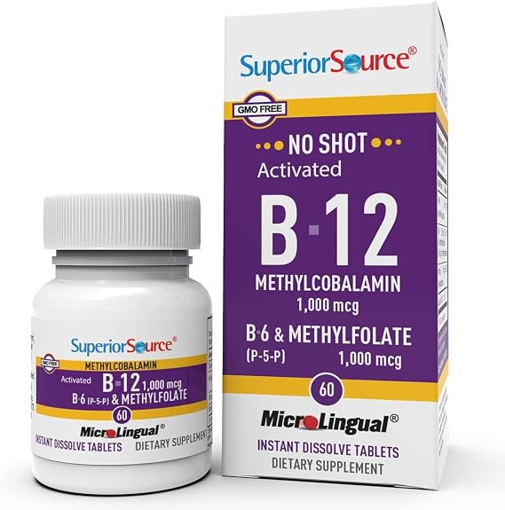 Superior Source No Shot Vitamin B-12 Methylcobalamin 1000 mcg, B-6, Methylfolate 1000 mcg - Supports Energy, Brain, and Heart Health - Bariatric Friendly - 60 Sublingual Dissolving Tablets | Bariatric-Friendly B-12 Methylcobalamin Formula with B-6 and Methylfolate Supporting Energy, Brain and Heart Health