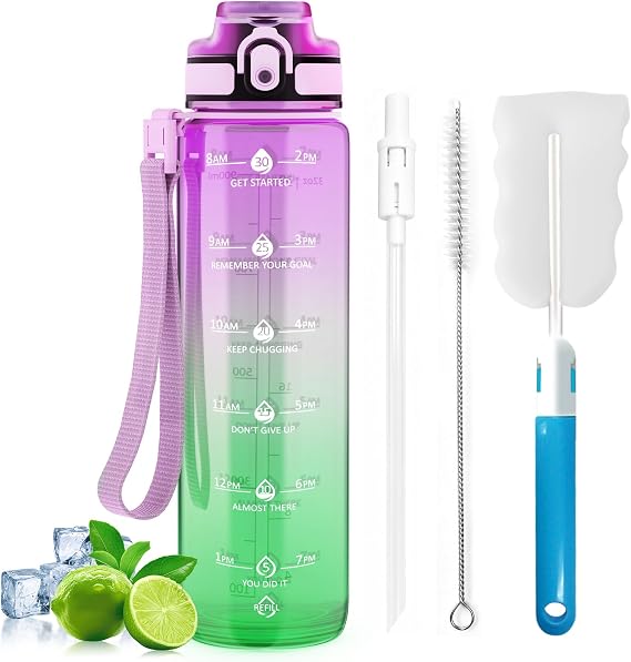 1L Water Bottle Made of BPA-Free Tritan Material, Sports Water Bottle with Removable Straw & Hydration Time Markerings, Ideal for Gym, Travel, Home, School and Outdoor Activities - Purple-Green