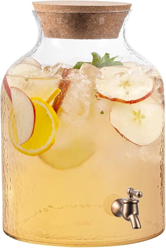 Style Setter Hammered 2.7 Gallon Glass Beverage Drink Dispenser with Cork Lid, 9.4x13.9, Clear