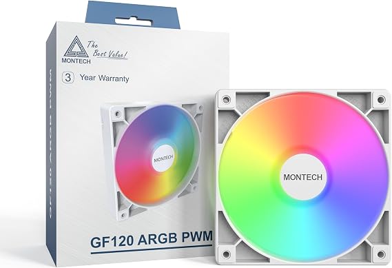 MONTECH GF120 ARGB PWM 120mm Fan High Airflow, Quiet Hydraulic Bearing, Majestic White Design, 8001600RPM, 4-Pin White