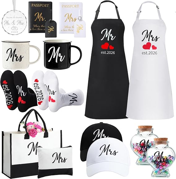15 Pcs Mr Mrs Wedding Gift Set 2026 Aprons Mugs Hats,Bride