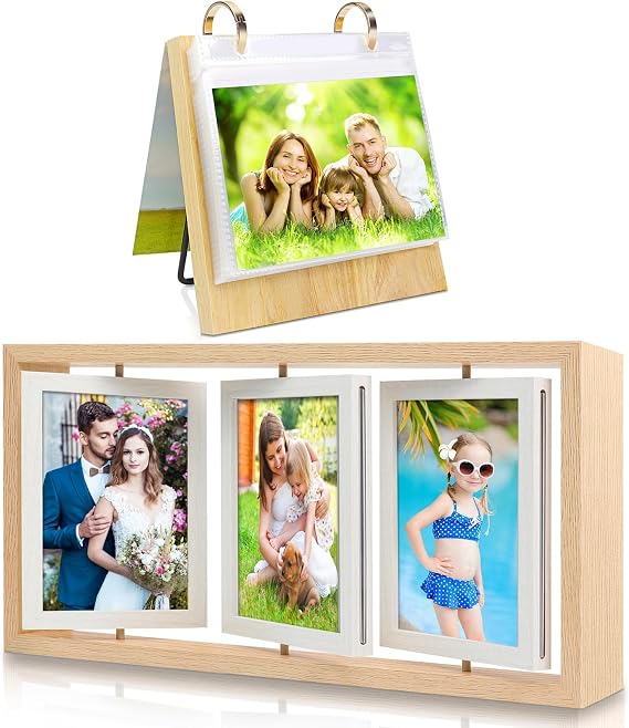 ZEEYUAN 4x6 Desktop Flip Photo Album with 60 Pockets, 4x6 Rotating Picture Frame for Desktop Display