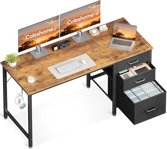 Coleshome Computer Desk with Drawers, 120cm Office Desk with Storage, Brown