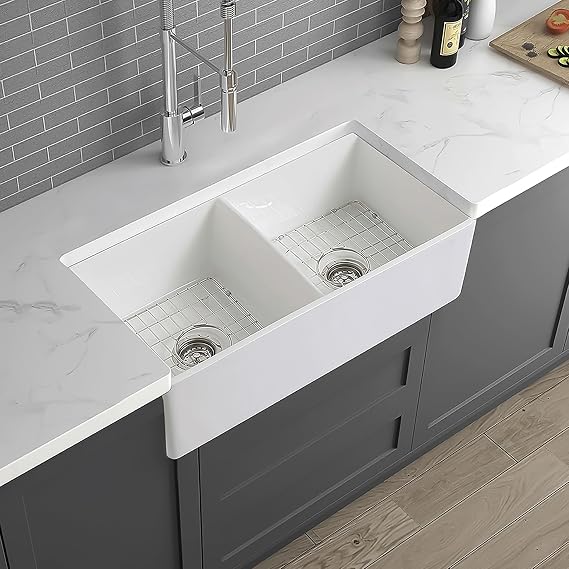 Single Bowl Kitchen Sink - 33 Inch Fireclay Deep Apron Front Kitchen Sink - Premium Double Bowl Sinks for Home, Farmhouse (Grid & Strainer Included) White