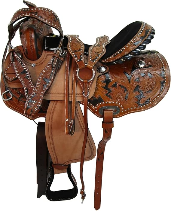 ADB CREATIONS Western Leather Horse Saddle, Hand Tooled Floral Design Seat 10"-18" Inch Seat