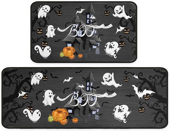 Halloween Kitchen Mats for Floor, Halloween Decorations Non Slip Backing Halloween Kitchen Rug Set of 2 Low-Profile Mat Halloween Decor for Home Party