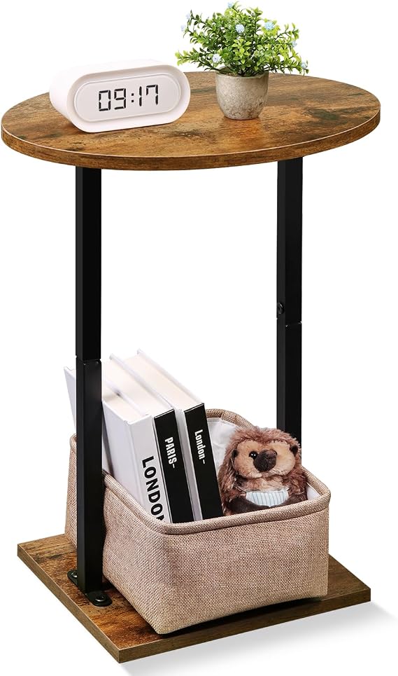 Eufrozy Small Side Table for Small Spaces, 24 inch Wooden Round End Table with Fabric Basket, Wood Accent Table for Couch Sofa Drink Sidetable Living Room Bedroom Rustic