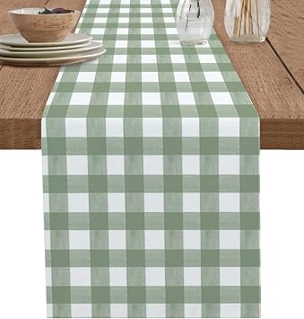 Sage Green Table Runner 60 Inches Long Cotton Linen Tablerunner Dresser Scarves, Country French Rustic Buffalo Plaid Check Burlap Kitchen Dinner Cafe Table Runners Table Decor for Coffee/Party/Wedding