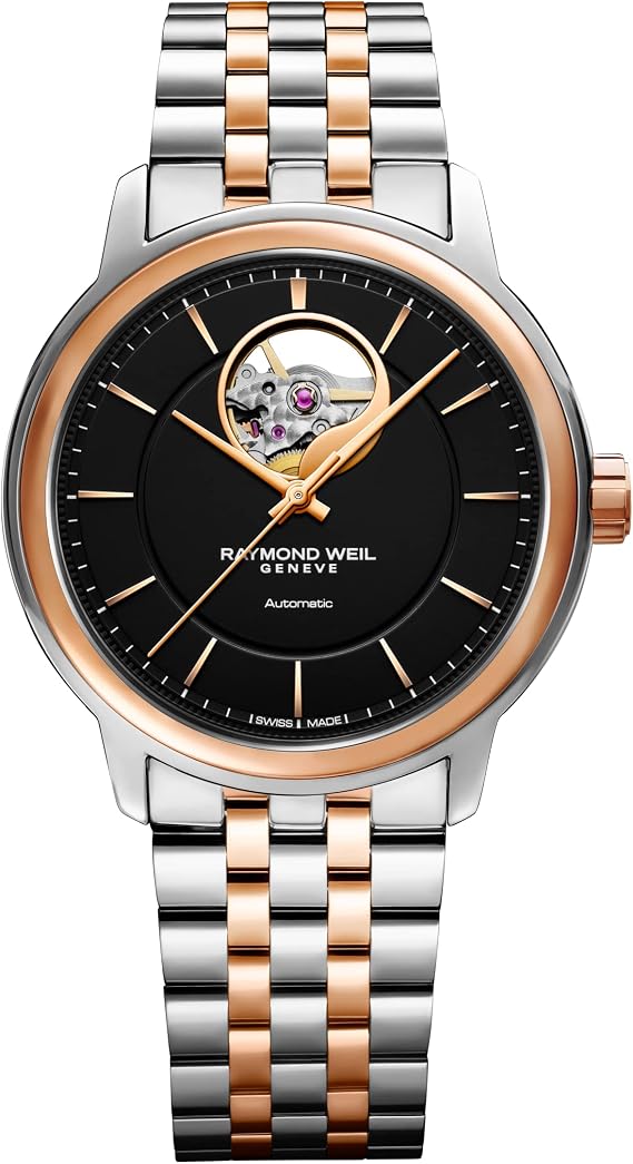 RAYMOND WEIL Maestro Men's Automatic Watch 40mm, Visible Open Balance Wheel, Two-Tone Stainless Steel & Rose Gold PVD Bracelet, Black Dial, Swiss Made (Model: 2227-SP5-20021)