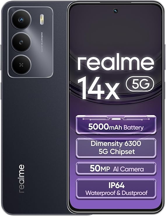 realme 14x 5G Smartphone 6+128GB Carbon Black 667 Zoll Bildschirm 120Hz Display 5000mAh Akku 50MP KI Kamera MediaTek Dimensity 6300 ArmorShell Schutz IP64