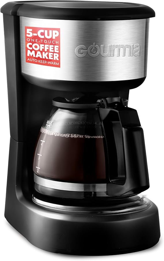 Gourmia 5 Cup One-Touch Drip Brew Coffee Maker Pause and Serve, Automatic Keep Warm, Easy View Water Window, Compact, Stainless Steel Accents, Black