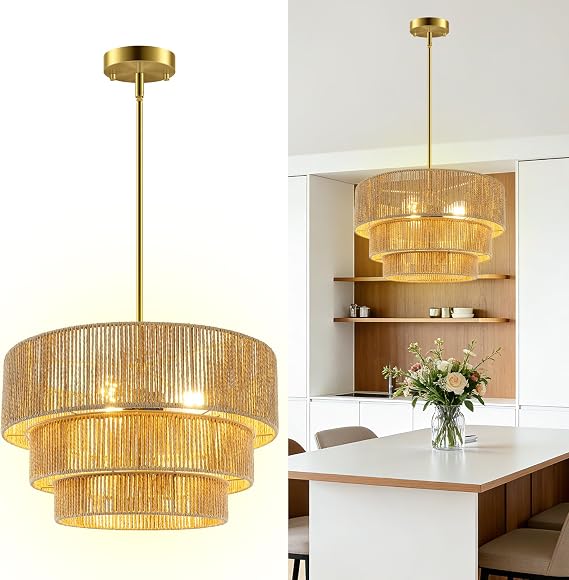 Boho Rattan Chandelier Light,3 Light Hand Woven Pendant Lamp Fixture,16.5'' Large Farmhouse Chandelier Ceiling Light for Living Room,Kitchen Island,Foyer, Entryway, Over Table,Adjustable Height
