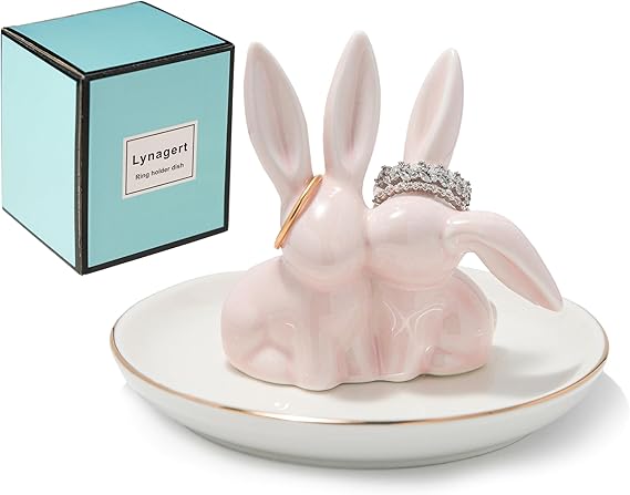 Lynagert Bunny Ring Holder Rabbit Ring Dish Ceramic Jewelry Holder Dish Trinket tray for Rings Earrings Necklace Organizer, Wedding Engagement Ring Holder