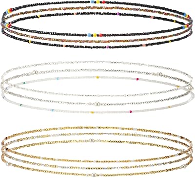 Kigeli 9 Pack Waist Bead Chains for Women Stretchy African Belly Chain Stomach Beads Body Bikini Jewelry Clear, Black, Gold