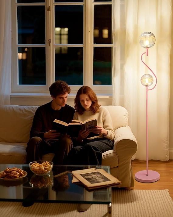 Lightdot Pink Floor Lamp, Mid Century Tall Standing Lamps with Globe Clear Glass Shade Soft Warm White Bulbs Included, Modern Unique Floor Lamp for Living Room/Bedroom/Sofa Beside/Corner Decor