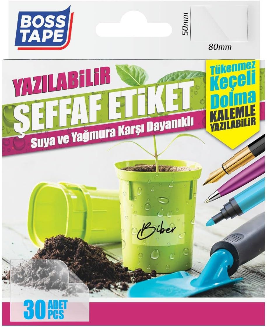 Boss Tape Seffaf Su Geçirmez Etiketler, 30’lu Paket, Seffaf