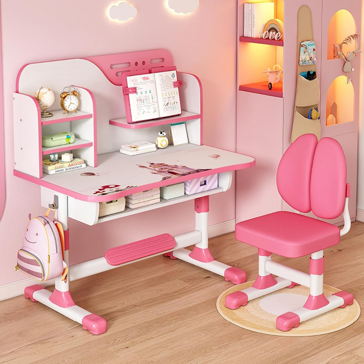 Kids Functional Desk and Chair Set, Height Adjustable Children School Study Table Chair Set with Astronaut Pattern, Ergonomic Desk Chair with Large Writing Board, Bookshelf and Drawer Pink
