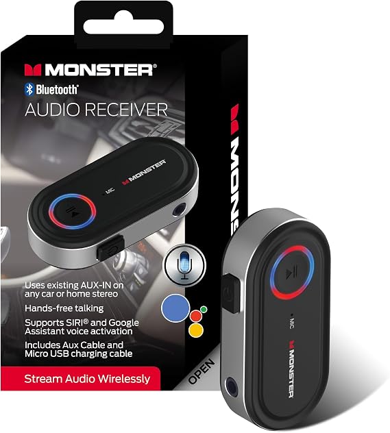 Monster Bluetooth Audio Receiver for Car & Home Stereo, Wireless 3.5 mm AUX Adapter for Speakers & Wired Headphones, Hands-Free Calling, Siri & Google Assistant Compatible