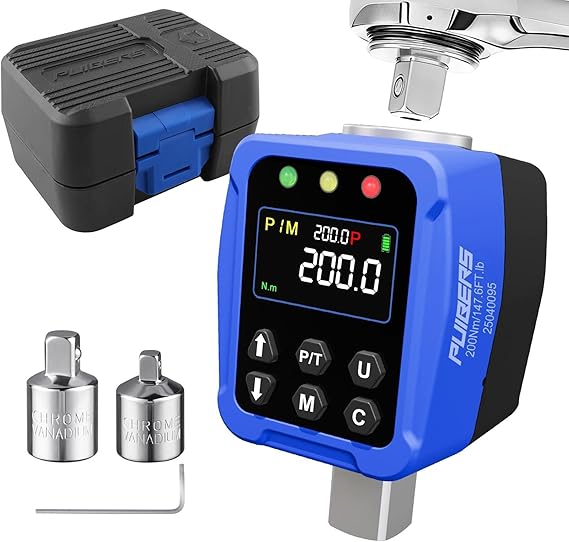 Digital Torque Adapter 1/2" (10-200 Nm) with 1/4" & 3/8" Adapters, Precision Torque Wrench Converter for Bike & Motorcycle, LCD Display & Buzzer