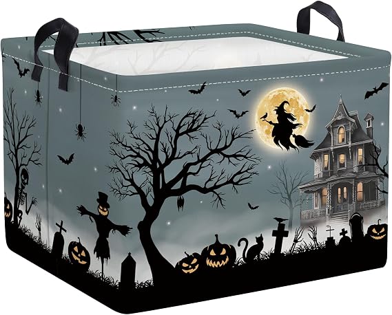 Clastyle Halloween Pumpkin Storage Basket Kid Spooky Book Gift Basket Empty Outdoor Graveyard Jack-o-lantern Boo Bin Baby Nursery Clothes Hamper Toy Box,Witch Bat,40 * 30 * 30 cm