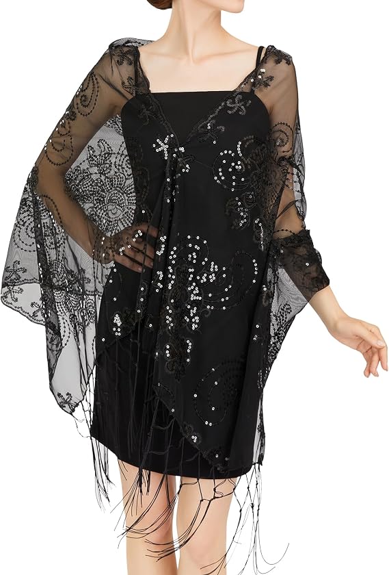 SWEETV Women's 1920s Long Shawl Wraps,Sequin Flapper Evening Shawls for women formal/Party/Wedding/Formal/Harlem night