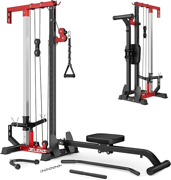 JELENS RC01 2 in 1 Rowing Cable Machine, WallMounted LAT Pulldown Machine, 16 Adjustable Positions, Home Gym Pulley System with Training Attachments