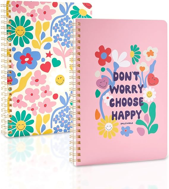 Kaco Pack 2 Cute Mini Spiral Notebooks, Set of 2 For Women, 8.2'' x 5.9'' Hardcover Journal 120 x 2 Lined Pages with Pocket and Sticker (Floral)
