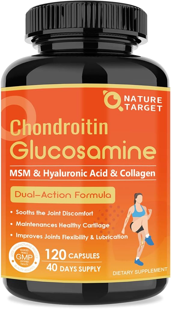 NATURE TARGET Glucosamine Chondroitin MSM Turmeric, 120 Capsules | Joint Support with Type II Collagen, D3, K2, and Hyaluronic Acid for Relief and Mobility, Shellfish Free, Non-GMO