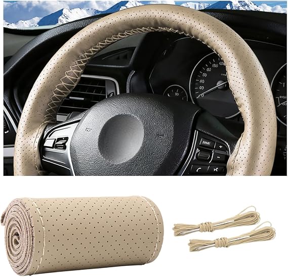 Car Steering Wheel Cover, 15" Genuine Leather Hand Stitch on Anti-Slip Steering Wheel Wrap Guard with Needle Thread, Auto Interior DIY Sewing Protector Accessories, Universal Fit (Beige)