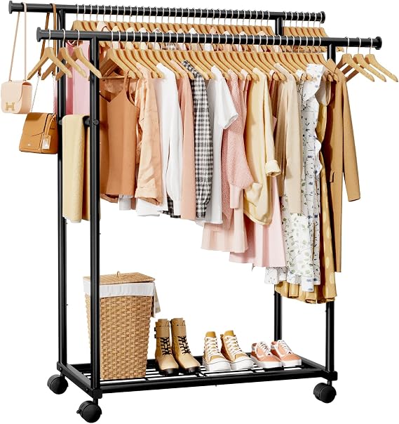 Sakugi Double Rod Clothing Rack with Shelf & Wheels, 98x42x150cm, Black | Double rod clothes rail with fixed extension rod; universal wheels; built-in shelf; perfect for closet organizers & storage