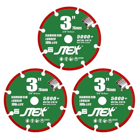 JTEX 3 Inch Cut Off Wheel, Diamond Cutting Disc for Metal Cutting, 3/8" Arbor, 3 Pack