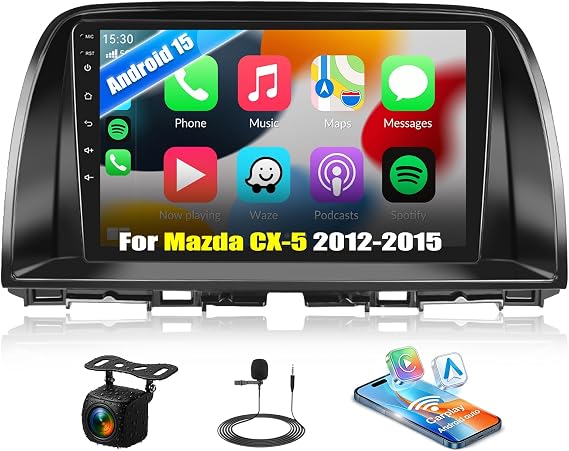 2G+64G Android 15 Car Stereo for Mazda CX-5 2012-2015 with Wireless Apple Carplay Android Auto,9" Touchscreen Car Radio with GPS Navigation,WiFi,Bluetooth,FM/RDS Radio,SWC,HiFi+AHD Backup Camera