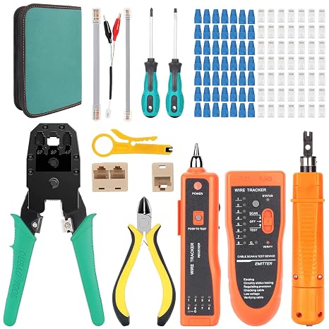 Network Tool Kit 17 in 1 Ethernet Crimping Tool for Cat5/Cat5e/Cat6/Cat6a,RJ11/RJ45 Network Cable Tester Wire Tracer Punch Down Tool,50PCS RJ45 Connectors,50PCS Covers,50PCS Cable Ties