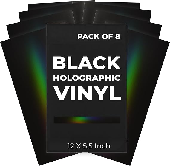 Black Metallic Vinyl Holographic & Oil Slick Vinyl Permanent for Cricut Joy: [8PK, 5.5" x 12" inch] Black Chrome and Holographic Permanent Sheets