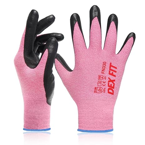 DEX FIT Nitrile Work Gloves FN330, 3D Comfort Fit, Touchscreen Grip Gloves for Warehouse, Construction, DIY, Gardening & General Work, Men & Women Pink, L, 1 Pair