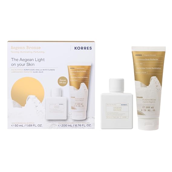 KORRES Aegean Bronze Eau de Parfum Fragrance 2-Piece Set | With Layered Scent of Burnt Sugar, Vanilla & White Flower Fragrance 1.69 Fl Oz, Luminous Body Perfecter Glow & Blur 6.76Fl Oz