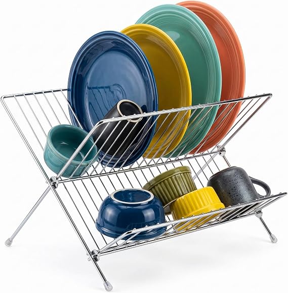 Foldable 2 Tier Dish Drying Rack Stainless Steel X-Shape for Kitchen