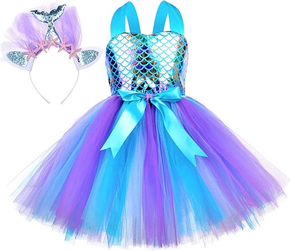 Tutu Dreams Summer 4 Colors Mermaid Dress for Girls with Headband Birthday Party Gifts Dress Up Clothes