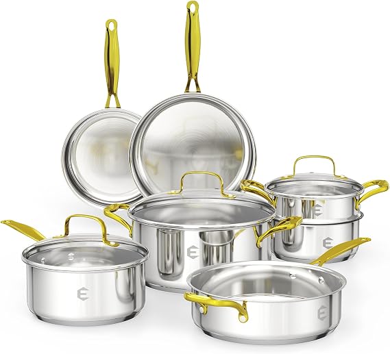 Stainless Steel Cookware Set, Tri-Ply Pots and Pans Set, 26 Piece Kitchen Cooking Utensils Set with Lids, Gold Grip Handles, Induction, Oven, Non-Toxic, Dishwasher Safe, Professional Chef Quality