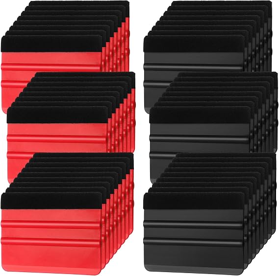 Lasnten 50 Pcs Plastic Vinyl Squeegee 4 Inch Felt Edge Squeegee for Car Window Windshield Glass Cleaning Tool Vinyl Scraper Decal Applicator Tool with Black Fabric Felt Edge (Red, Black)