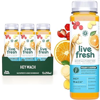 LiveFresh Vitamin C Juice - Hey Wake - 12 x 250 ml - With Ginger and Caffeine - Vegan Fruit Juices without Added Sugar