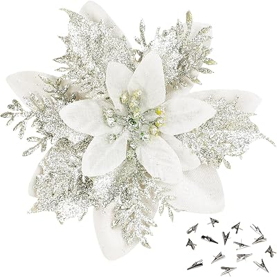 Sawowkuya 15 Pcs Silver Poinsettia Artificial Flowers Glitter Artificial Christmas Flowers Decorations with Clips for Xmas Tree Ornaments Wedding Party Wreath Decor