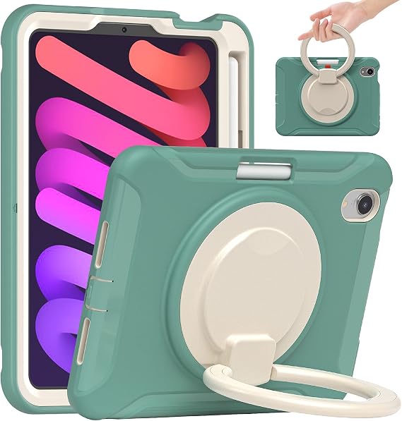 2021 New iPad mini6 6th Generation 8.3 inch case Shockproof Silicone & PC 360 Rotating Bracelet Kickstand Built-in Pencil Holder Compatible with Pencil 2 Charging (iPad mini6, Jade Green)
