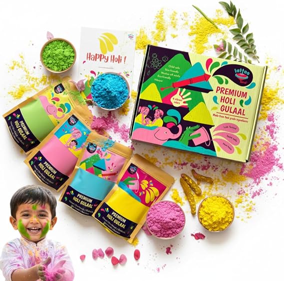 Lattooland Natural Holi Gulaal | Child-Safe | Lab-Tested | 4 Colours 80g Each| Gift Holi Color Powder Set | Eco-Friendly and Washable Gulal Multicolour 4 Colors of gulal - 80 g Each