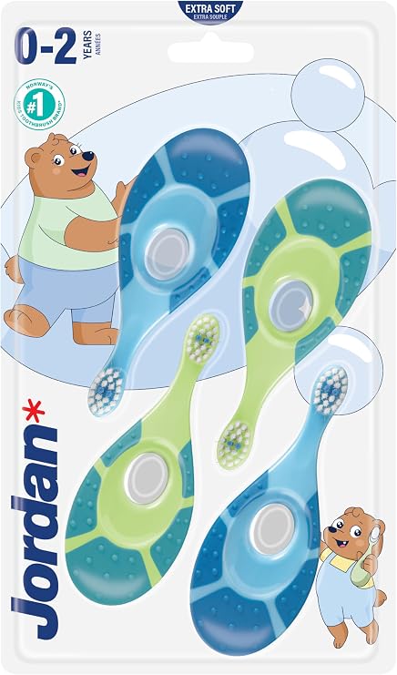 Jordan* | Step 1 Baby Toothbrush | 0-2 Years, Soft Bristles, BPA Free | Green & Blue | 4 Pack