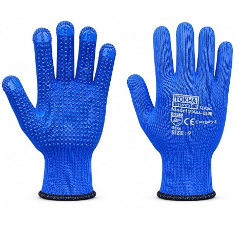 24 Pairs Polka PVC Dotted Cotton Liner Gloves – Pick & Go Grip Gloves for Packing, Moving, Warehouse, Gardening & General Hand Protection (Blue, Large (9))